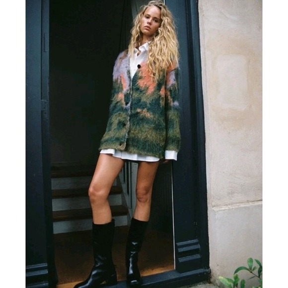Zara Landscape Earthy Chunky Wearable Art Cardigan Coat Oversized Knit XS-S - Picture 1 of 8